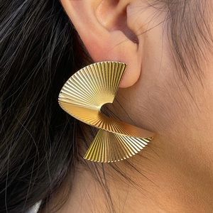 Gold Spiral Fan Shaped Statement Earrings
